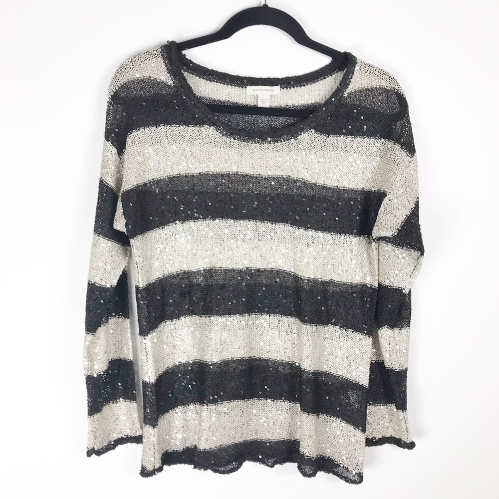 Boston Proper Black Cream Sequin Sparkle Sweater S